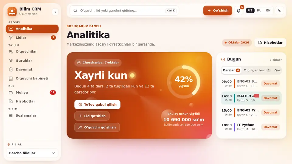 CRM: bugungi darslar, tushum va qarzdorlar — bitta ekranda.