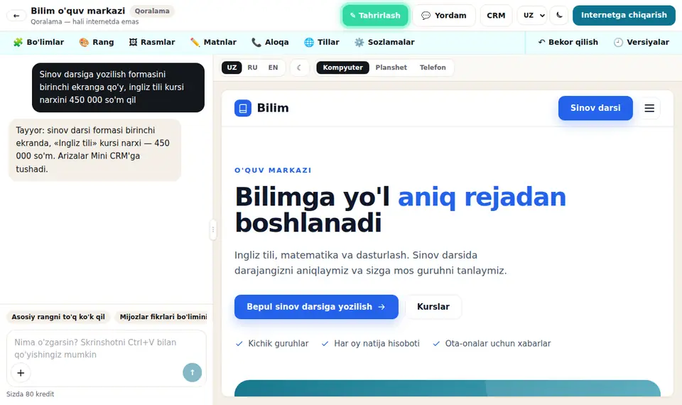 Muharrir: saytni oddiy so'zlar bilan o'zgartirasiz — masalan, «kurs narxini 450 000 so'm qil».